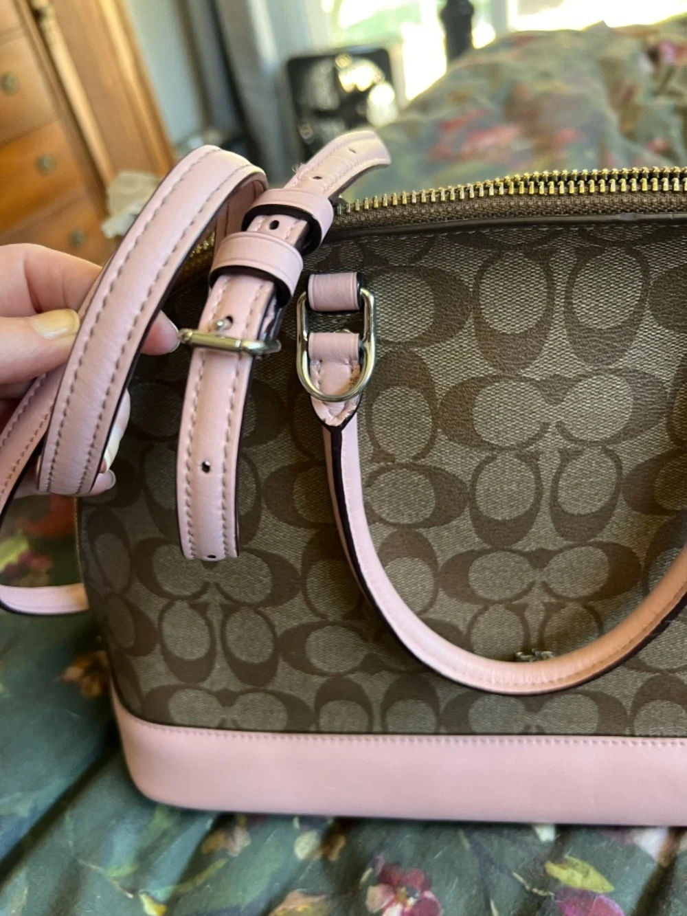 Coach Sierra Dome Satchel — Brown Signature with Pink Trim